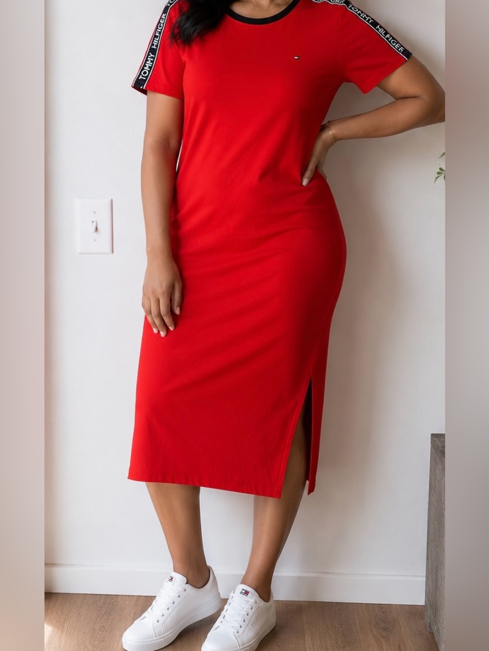 Tommy Hilfiger Red Logo Tape T-Shirt Midi Dress Size XL